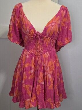 Free People - Rare Find! "Perfect Day" Vibrant Pink & Orange Floral Mini Dress
